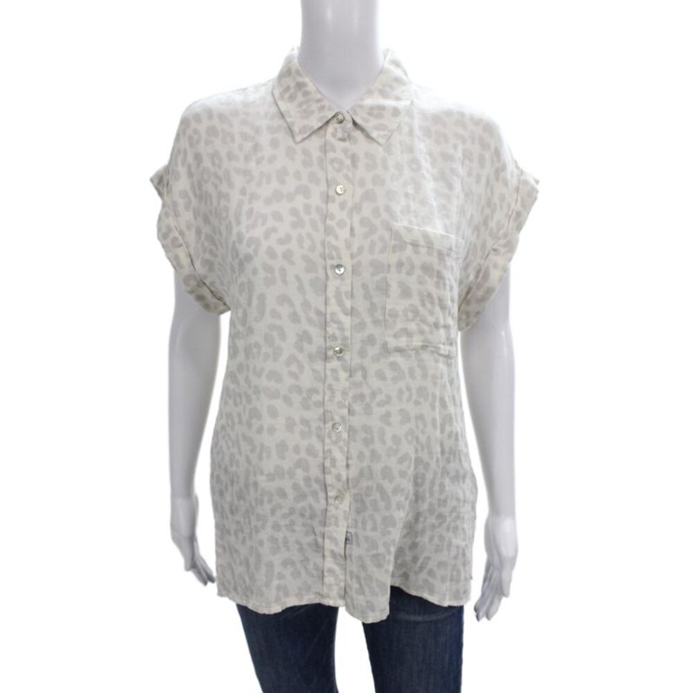 Rails Women Basic Button-Up Gray Animal Print Short Sleeve Cotton Size M